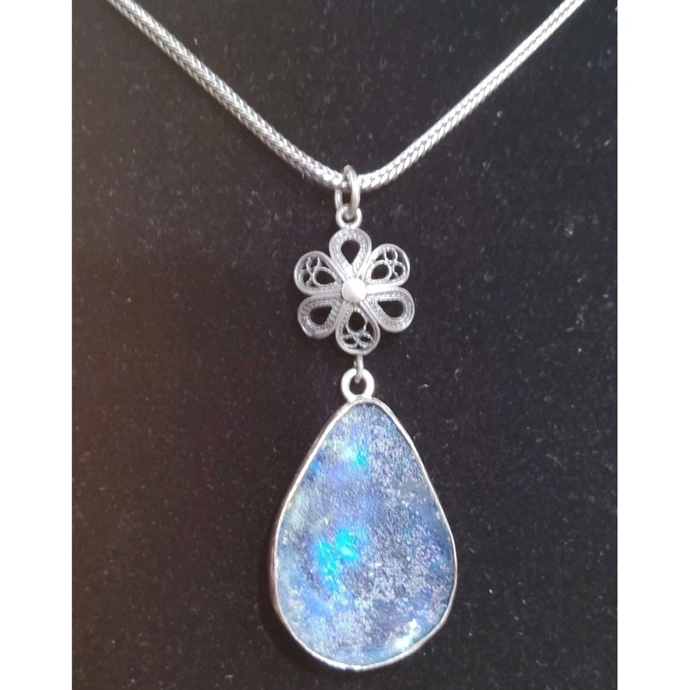 925 Sterling Silver Teardrop Ancient Roman Glass Flower Pendant Necklace 18"